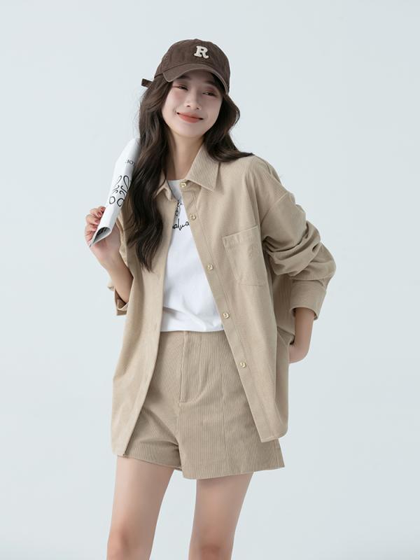 コーデュロイ ジャケット レディース アウター 春秋 シンプル カジュアル シャツ 韓国 グレー ピンク ブラウン｜way-ugo