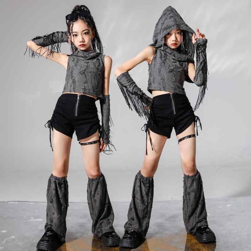 子供服 ステージ衣装 へそ出し フード付き 房 フサフサ タッセル セットアップ ダンス ヒップホップ パフォーマンス スタイルアップ 露出 ジュニア キッズ ガールズ
