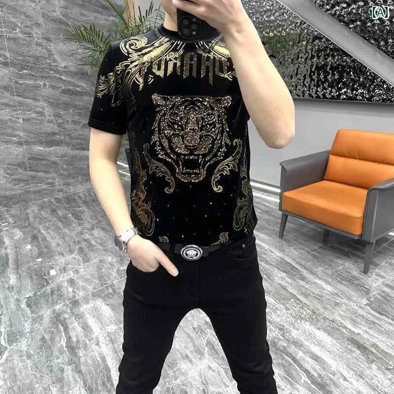 ベロア トップス メンズ 秋冬 長袖 暖かい タイガーヘッド Tシャツ ブラック