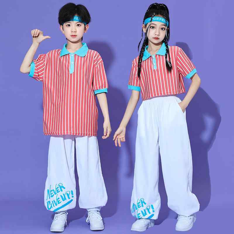 子供服 ダンス衣装 半袖 ストライプ パンツスーツ パフォーマンス ヒップホップ チア ストリート ステージ コスチューム ユニフォーム チーム ジュニア キッズ カジュアル