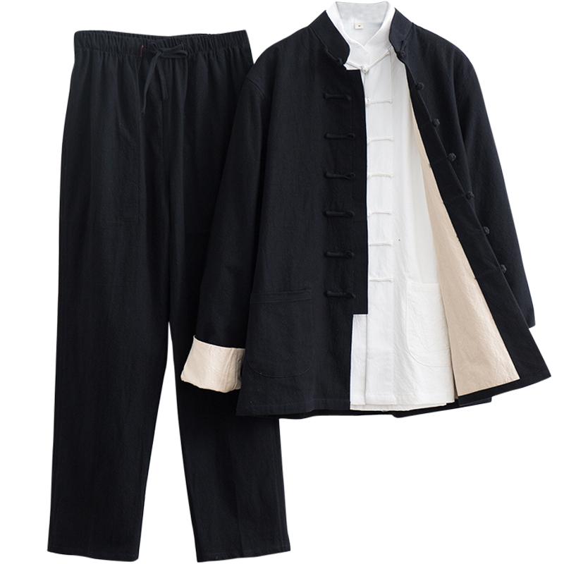 メンズ ファッション トップス カットソー シャツ スーツ セット ロング パンツ ズボン レトロ チャイナ風 唐装 男性 漢服 カジュアル 長袖 薄手 春