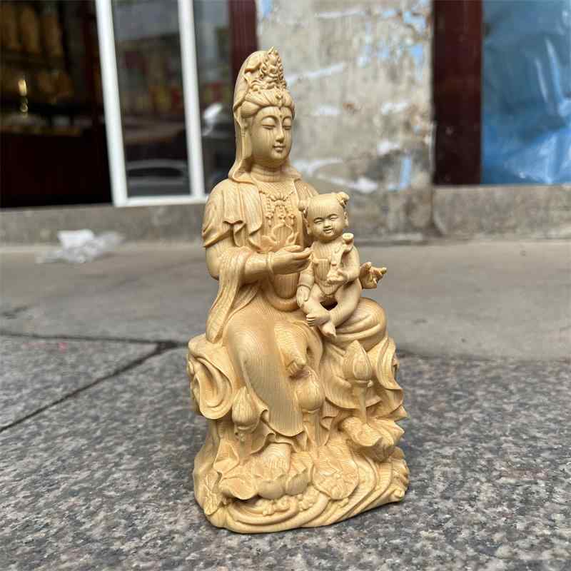 観音菩薩 置物 木製 オーナメント 室内装飾 インテリア 小物 オフィス デスク 彫刻 仏像 仏陀 チャイナ風 工芸 家庭用