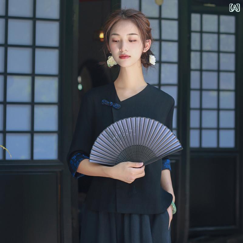 レディース 瀬戸もの風 セットアップ 口さかしい 仏教 思いいれる服 宿小屋服 綿 麻 茶師服 禅 お上さん服 七分袖 春夏秋 トップス カラムシ トップス ワイドレッグパンツ 仕掛ける 今めかしい