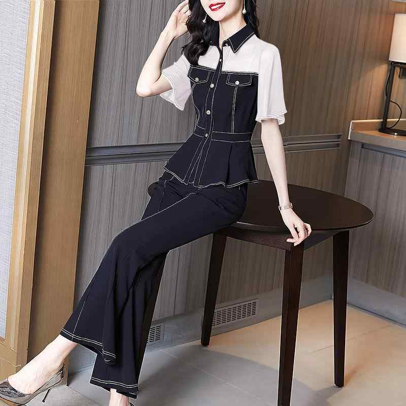 カジュアル スーツ レディース ファッション 夏 薄手 年齢軽減 半袖 シャツ スリム ワイド レッグ パンツ 2点 セット おしゃれ|way-ugo