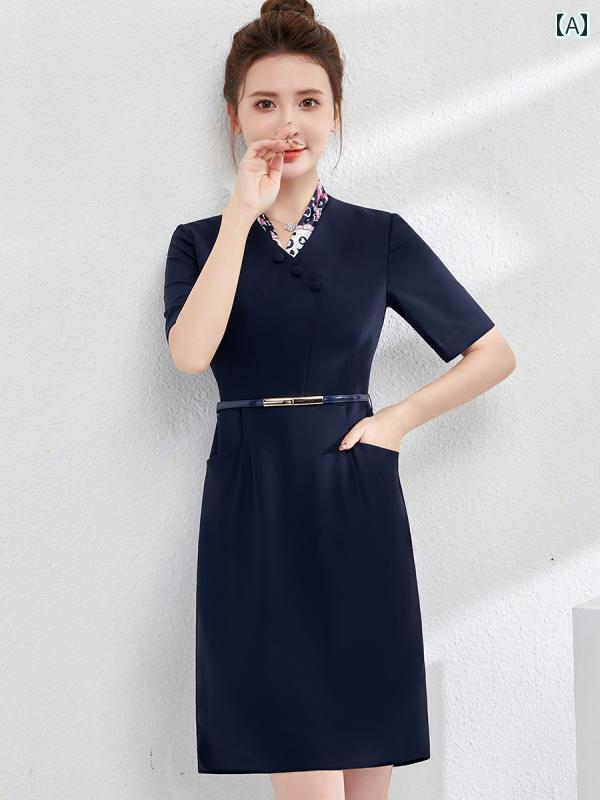 春夏 ビジネス 服装 半袖 ワンピース フェミニン おしゃれ スチュワーデス 制服 ハイエンド ホテル フロント 受付 作業着|way-ugo