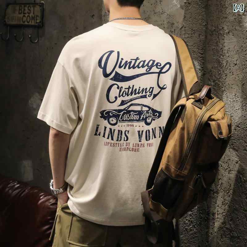 メンズ Tシャツ 半袖 アメリカン 夏 トップス 前後プリント バックプリント ラウンドネック 丸首 綿混紡 コットン ゆったり 大きいサイズ ベージュ ブラック ノーアイロン リラックス 西海岸 レトロ感 男性用