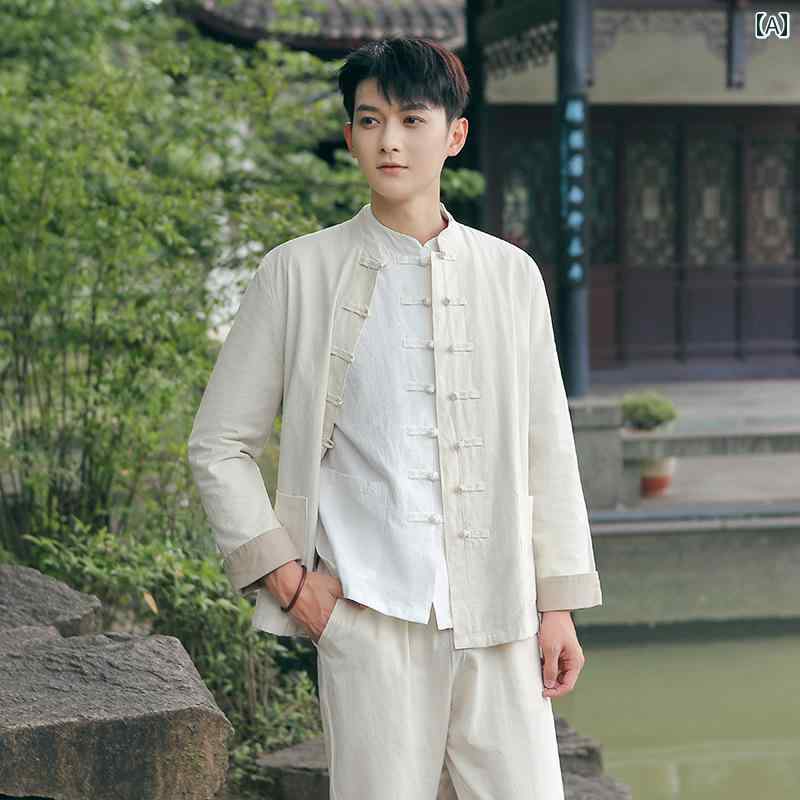 禅服 メンズ 紳士服 男性用 トップス シャツ パンツ ボトムス チャイナ風 レトロ 唐装 仏教 瞑想 セットアップ スリーピース 夏