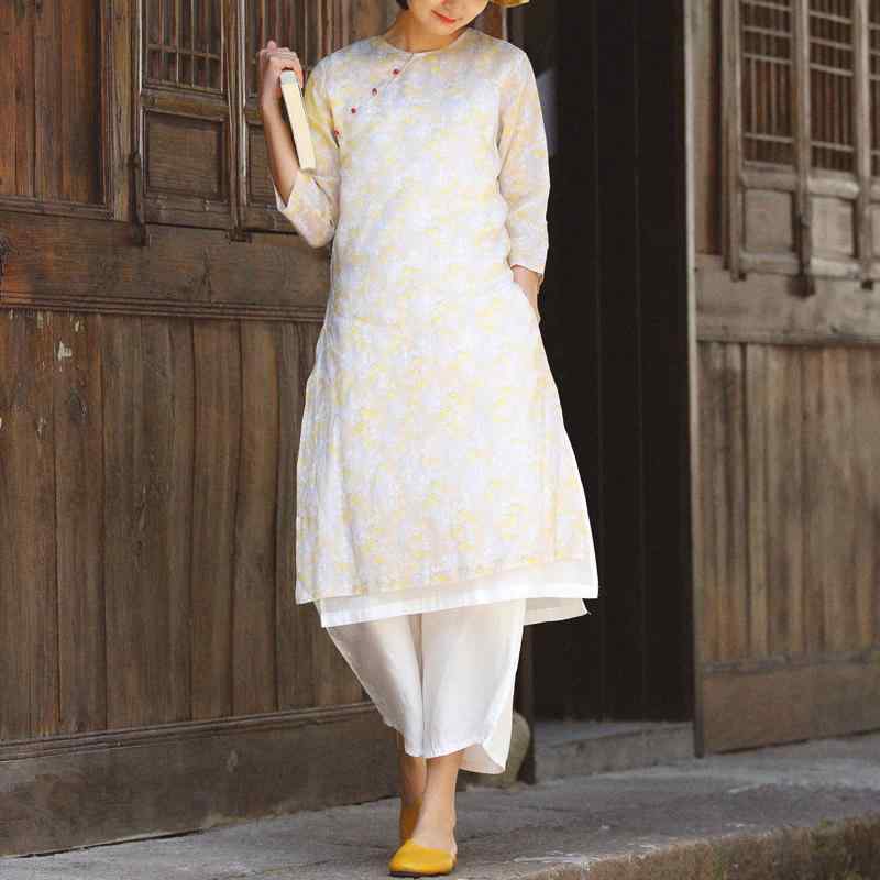 ワンピース エスニック ナチュラルスタイル リラックスフィット レディース 婦人服 ドレス チャイナ風 中華風 レトロ 花柄 プリント