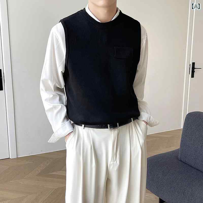 メンズ セーター 男性 ファッション 秋冬 ビジネス カジュアル スタイリッシュ ラウンドネック セーター ノースリーブ ゆったり