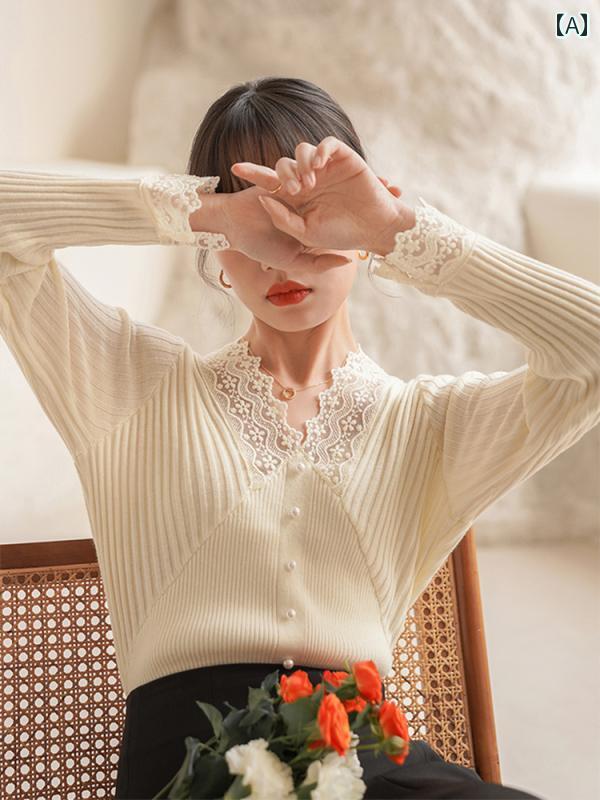 レディース トップス おしゃれ 婦人服 シャツ レース エレガント ビース 春秋 レイヤリング 長袖 Vネック フレンチ風 9,163円