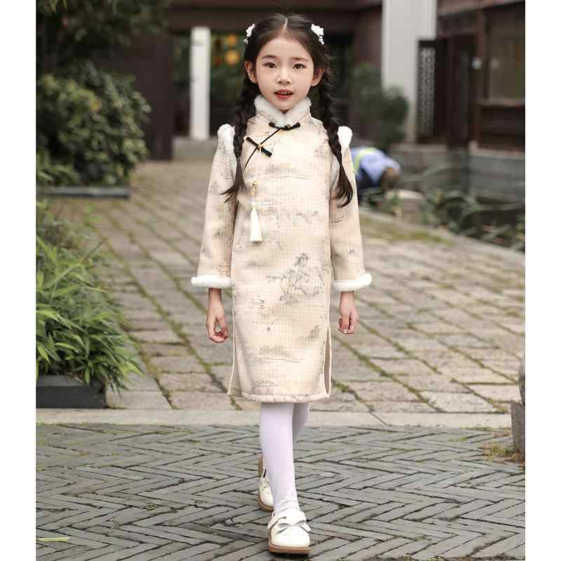 チャイナ ドレス かわいい 女の子 冬 レトロ 水墨 画 長袖 ベルベット 厚手 子供 唐 スーツ 少女 プリンセス 中国風 キッズ