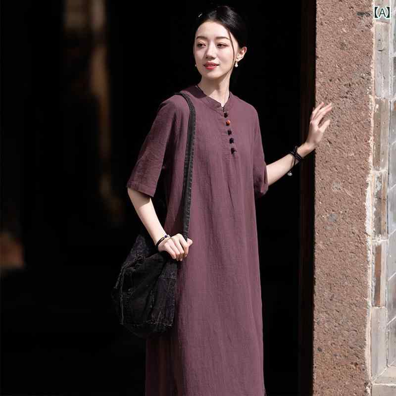 レディース チャイナ風 リネン トップス ワイドレッグパンツ 楽ちん ゆったり 女性用 在家 仏教 服 夏 中国式 立ち襟 半袖 綿 麻 ローブ 仏教 禅 瞑想 服