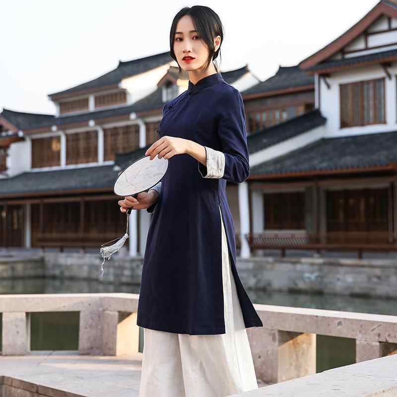 レディース 唐背広 瀬戸もの風 烏兎 綿 リネン 中国 茶師 成人女性 禅 思い入れる 茶 窈窕たる 茶 絵書き トップス