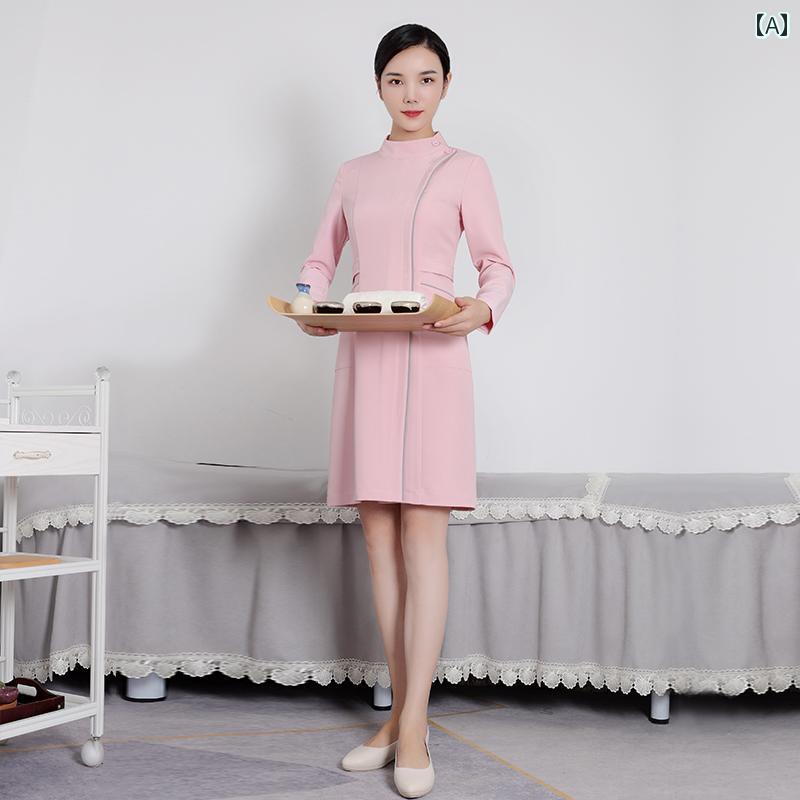 春夏 女性用 エステサロン 作業着 レディース ポリエステル スカート 技師 ユニフォーム 技術者 長袖 保健センター フロント 受付 美容