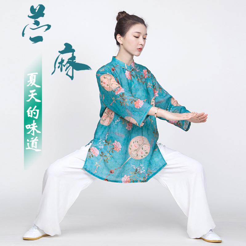 太極拳 服 レディース 夏 トップス 上下セット 練習 パフォーマンス カンフー 武術 ポケット付 通気性 薄手 ラミー 綿麻 カジュアル 大きいサイズ 花 青 黄色 緑