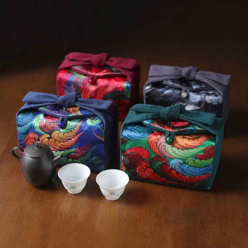 茶道具 収納袋 バッグ 手提げ 御物袋 綿 布 厚手 仕切り ティーカップ ポット 湯呑 急須 コップ 茶碗 容器 持ち運び ポータブル 雑貨 小物 アクセサリー おしゃれ レトロ 中国 禅 台湾 功夫 ギフト 孔雀 羽 ブルー レッド グリーン