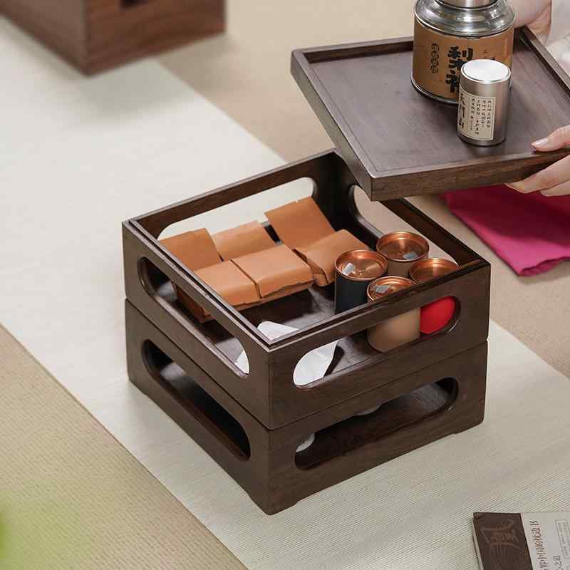 収納 木製ボックス ローズウッド ウォールナット ダーク おしゃれ 穴 ティーセット レトロ 卓上 2段 茶室 長方形 正方形 ふた付き 頑丈