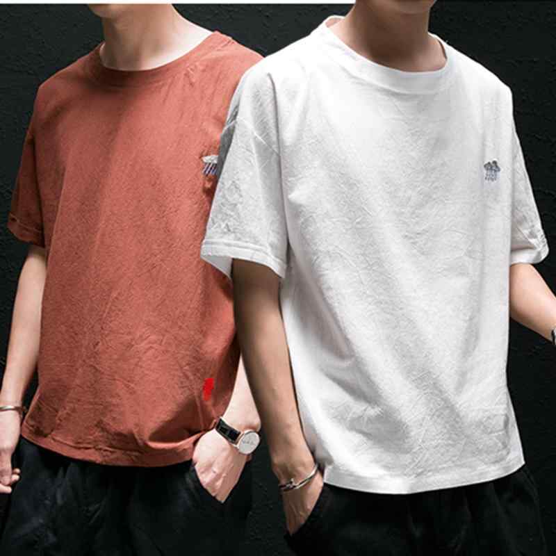 リネンシャツ メンズ 半袖 Tシャツ 夏 中国 無地 薄手 綿麻 ひんやり 涼しい ラウンドネック トップス ゆったり 大きいサイズ シンプル カジュアル 普段使い 茶 白 アイボリー