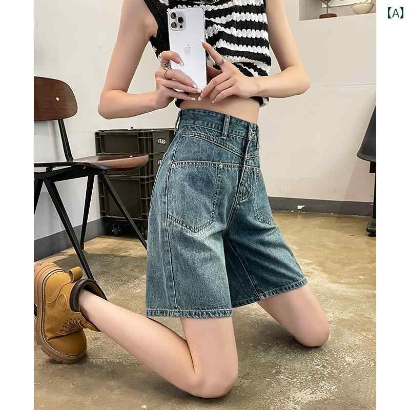 バミューダ パンツ レディース デニム 春夏 ボタン ポケット 薄手 ハイウエスト ゆったり Aライン 脚長 綿 カジュアル シンプル レトロ 青 大きいサイズ