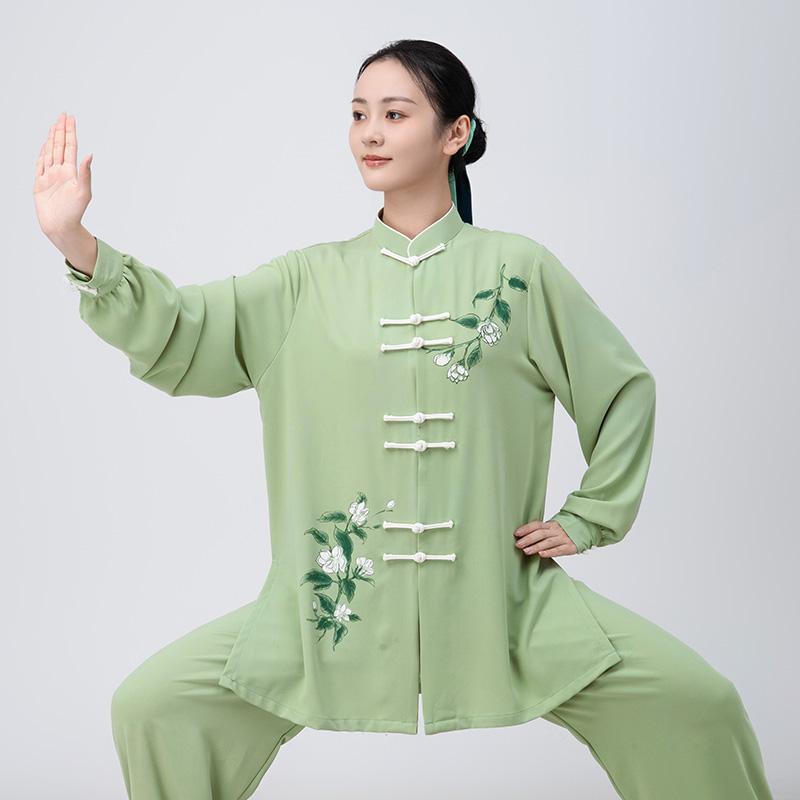 太極拳 服 レディース 上下セット パンツ ヨガ 瞑想 運動 拳法 表演服 おしゃれ 動きやすい ミドル丈 弾性 競技 パフォーマンス 練習服 ストレッチ コットン 春秋
