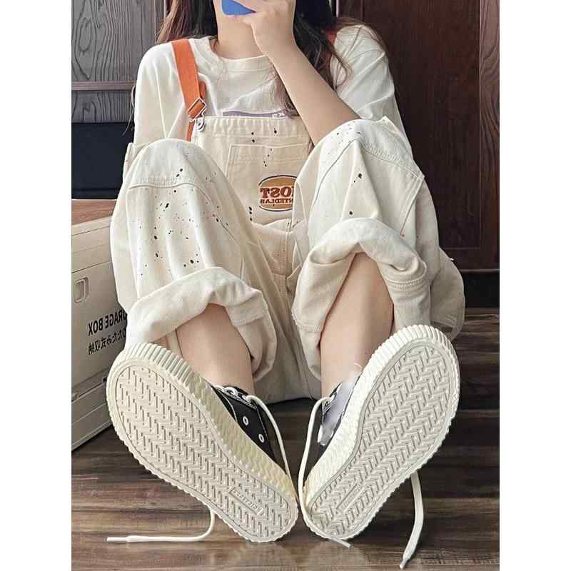 サロペット パンツデニム レディース 春夏 ハイウエスト ボタン レトロ 刺繍 スプラッシュインク オーバーオール ワイドレッグ ロング つなぎ 白