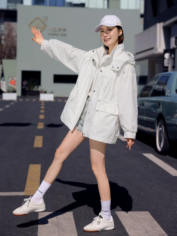 ウインドブレーカー レディース 春夏 長袖 ジップアップ フード ジャンパー カジュアル お出かけ アウトドア ゆったり ミドル丈 防風 耐摩耗性 韓国 ピンク 白|way-ugo