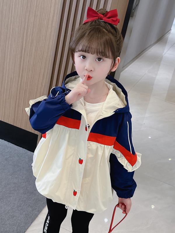 ウインドブレーカー キッズ 女の子 ベビー ジャケット 春秋 ジップアップ フード ポケット 袖口ゴム フリル リボン 防寒 かわいい プリンセス 紺 通園 通学 お出かけ