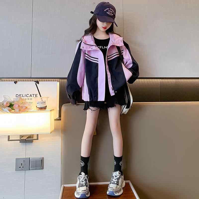 ウインドブレーカー キッズ 女の子 春 トップス 大きいサイズ ジャケット 秋 ジップアップ 袖ボタン バルーン カラーブロック ゆったり ポケット 立ち襟 黒 ピンク 紫