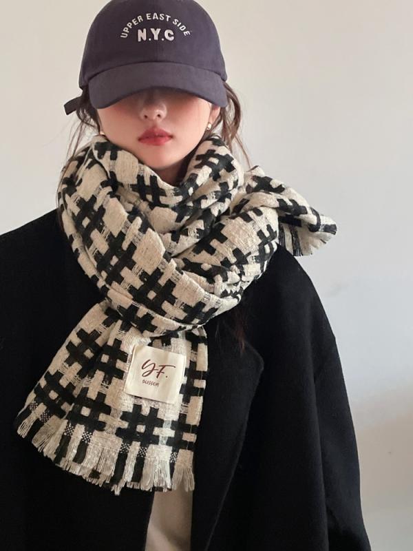 マフラー レディース チェック スカーフ 冬 暖かい 防寒 厚手 韓国 ショール レトロ メンズ カップル お揃い カジュアル おしゃれ 黒 白 茶