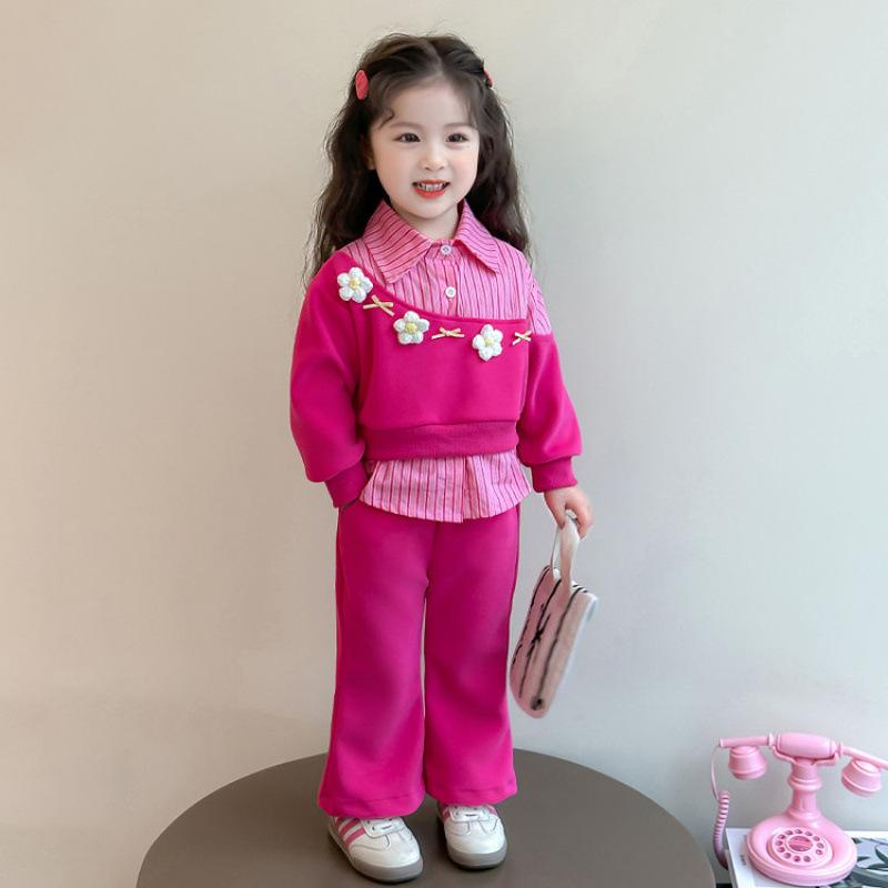 セットアップ 女の子 ガールズ 春秋 花柄 フェイクレイヤード トップス 長袖 長ズボン パンツセット 綿 コットン 韓国風 おしゃれ かわいい ソフトな肌触り 薄手 普段使い 通園着