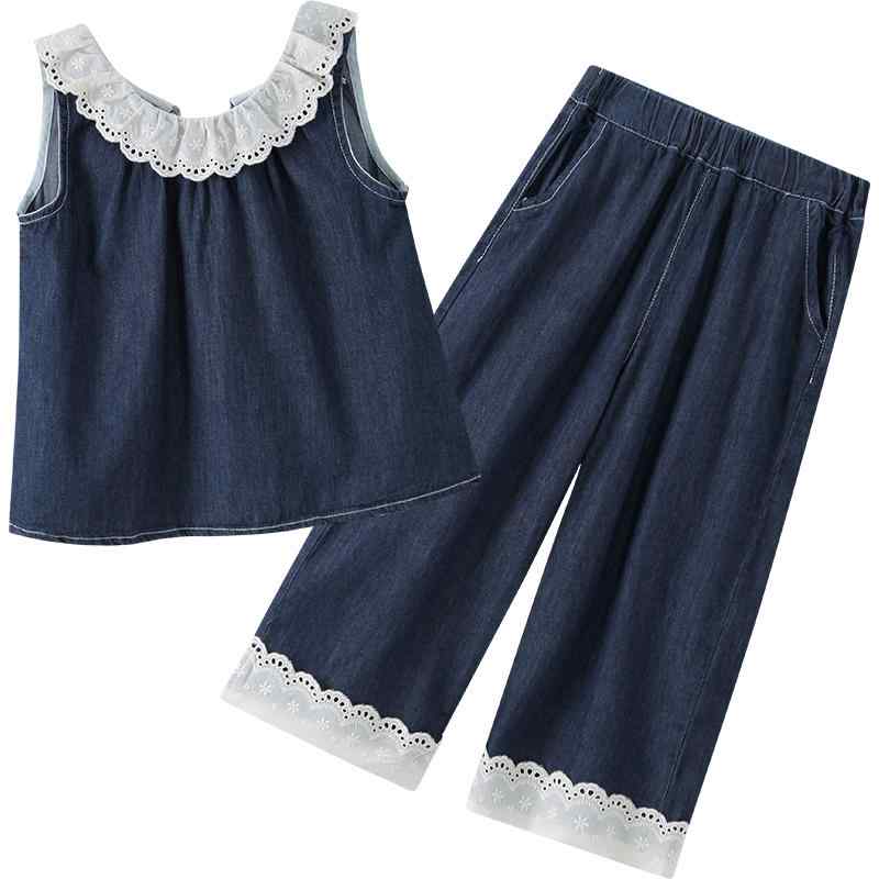 キッズ 女の子 夏 子供服 ファッション ベスト トップス レース ワイド レッグ パンツ デニム カジュアル ２点 セット 韓国