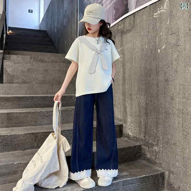 キッズ 女の子 夏 子供服 半袖 トップス 大きいサイズ デニム レース ジーンズ シンプル ２点 セット カジュアル おしゃれ