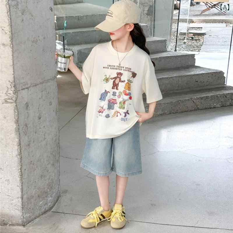 キッズ 女の子 夏 子供服 ゆったり 半袖 Tシャツ プリント デニム ショート パンツ ５分丈 ２点 セットアップ カジュアル レジャー 動きやすい