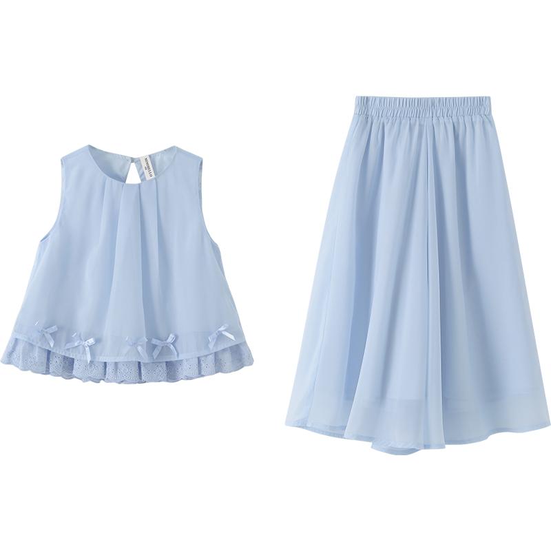 キッズ 女の子 夏 子供服 シフォン シャツ ワイド レッグ パンツ ベビー 赤ちゃん カジュアル さわやか シンプル 動きやすい ブルー