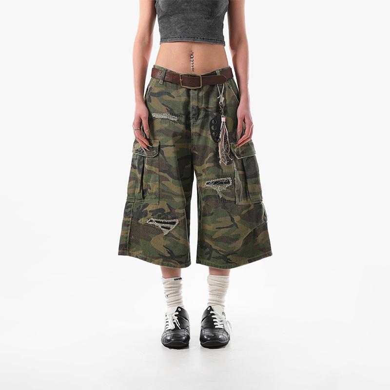 パンツ カジュアルパンツ Sクロップドパンツ アメリカン レトロ デストロイド カモフラージュ 迷彩柄 レディース ストリート ワイドレッグパンツ メンズ ユニセックス