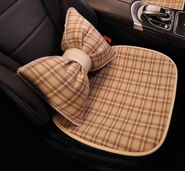 車 クッション シート カバー リネン 座席 フロント リア 座面 背もたれ ヘッドレスト 装飾 カー用品 アクセサリー レトロ 通気性 シンプル スタイリッシュ エレガント 緑 カーキ チェック柄 リボン形