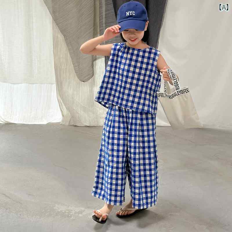 女の子 チェック柄 セット 夏 薄手 ワイドレッグ パンツ ツーピース 柔らかい ベビー ガール ノースリーブ トップス ゆったり 九分丈