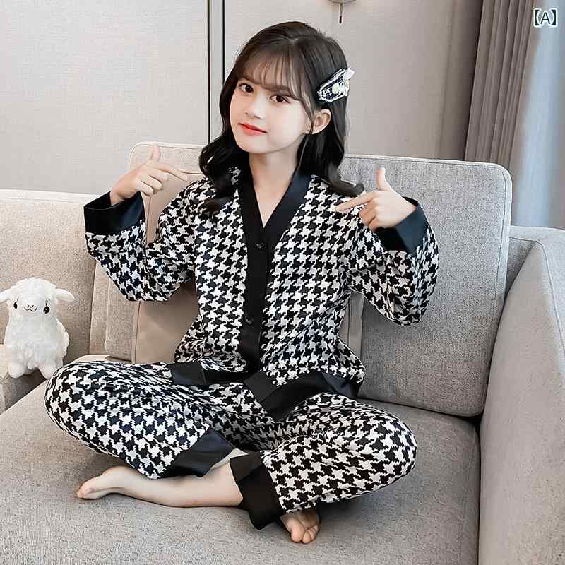 パジャマ キッズ 子供 女の子 ルームウェア 部屋着 おしゃれ かわいい 春秋 薄手 長袖 千鳥格子 パンツブラック