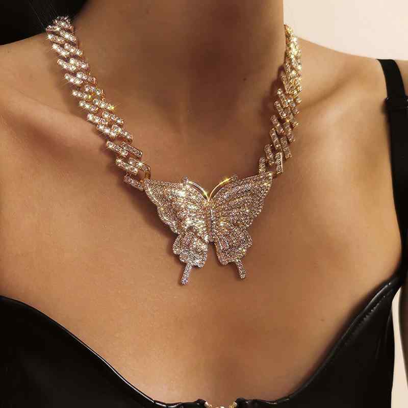太い チェーン ネックレス 極太 マイアミ キューバン ヒップホップ ごつい ラップ アメリカン ストリート ICED OUT アイスアウト フル ストーン バックル ビッグ バタフライ きれい レディース アクセサリー キラキラ