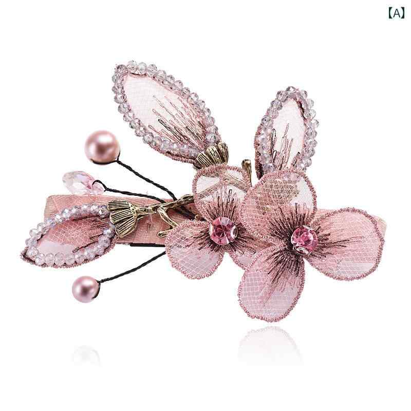 ヘアクリップ バレッタ ヘア アクセサリー レディース おしゃれ かわいい ファッション 女性 ヘアピン 韓国 刺繍 スプリング ポニーテール サイドクリップ フラワーモチーフ