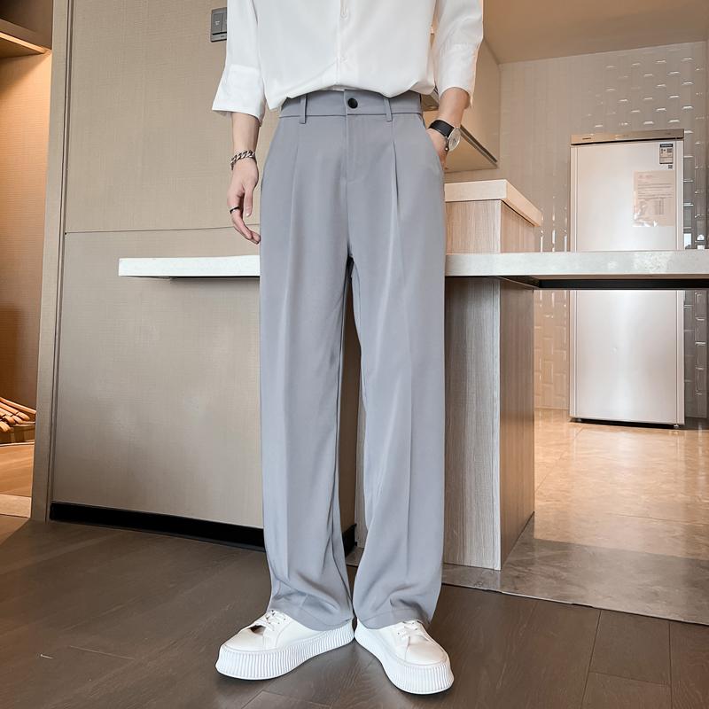 スラックス メンズ ワイド レッグ パンツ 春秋 ドレープ フロア レングス パンツ ストレート レッグ ハイウエスト カジュアル スーツ パンツ 伸縮性 ゆったり ロング ファッション ズボン