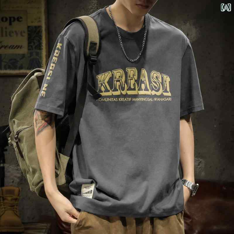 メンズ 男性用 半袖 シャツ トップス 夏 Tシャツ アメリカン ヒップホップ ストリート フロント文字プリント ショツダー文字プリント 丸首 ラウンドネック 大きいサイズ 綿 ノーアイロン レジャー カジュアル ゆったり グリーン ブラウン グレー 黒