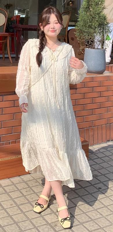 ワンピース ぽっちゃり レディース 長袖 ロング スカート 大きいサイズ 春 Aライン 薄い 透明感 リボン 襟 ギャザー ガーリー アプリコット|way-ugo