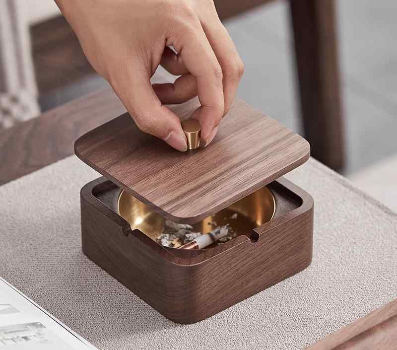灰皿 フタ付 蓋付き 木製 おしゃれ レトロ アンチフライアッシュ 防煙 中国 無垢材 ホーム リビングルーム カバー有 創造 オフィス