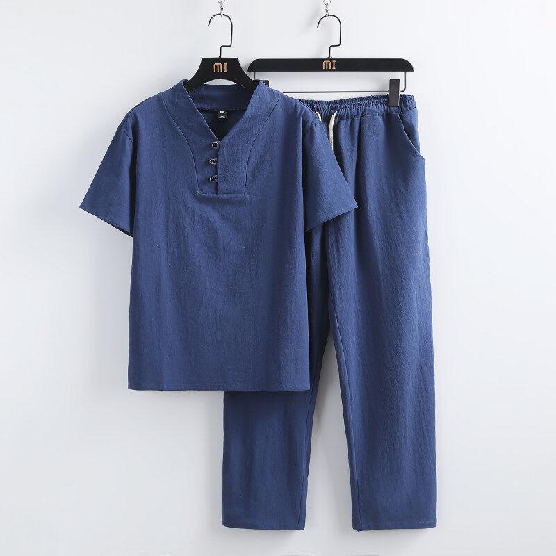 メンズ ファッション セットアップ チャイナ風 コットンリネン スーツ トップス Ｔシャツ パンツ ズボン 夏 半袖 レトロ スタイル ゆったり Vネック シンプルコーデ リラックス