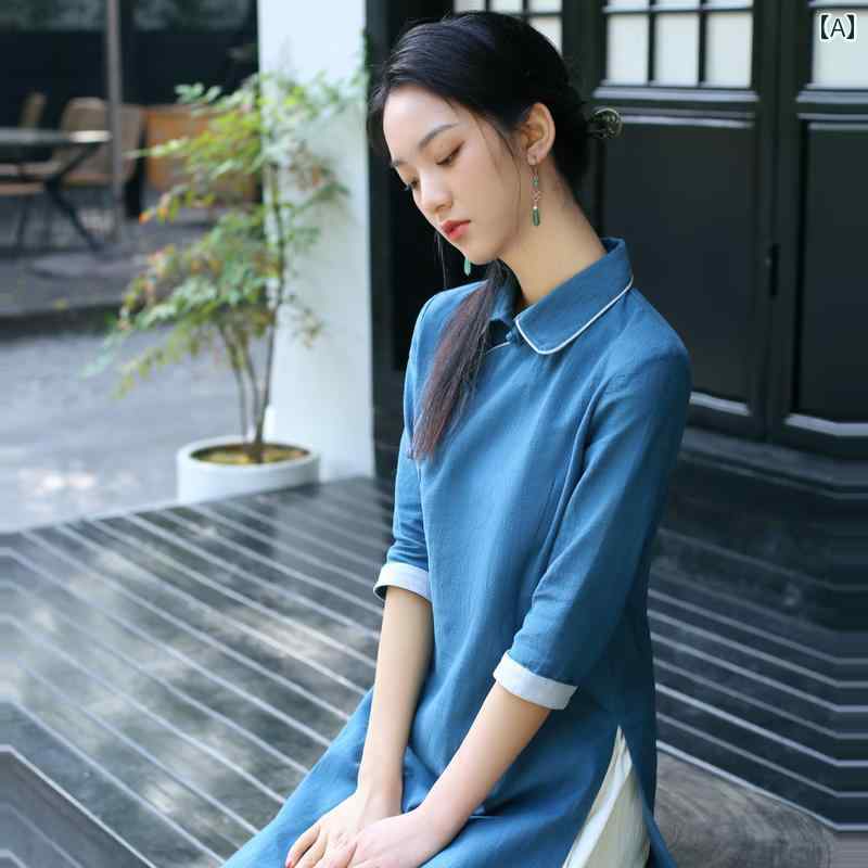 レディース チャイナ風 セットアップ 爽やか 綿 リネン 唐 セット ハイエンド 茶 エレガント 春夏 瞑想服 バックル トップス モンク 修道 瞑想 禅意服 ラミー ワイドレッグパンツ ロング|way-ugo