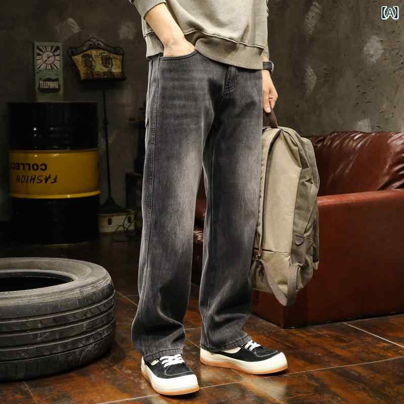 メンズ ロングパンツ 長ズボン アメリカン 秋冬 レトロ デニム ジーンズ カジュアル ゆったり ウォシュド ストレート ストリート 綿混紡 やや伸縮性あり ブラックグレー ワイド ヴィンテージ ノスタルジック クラシック 男性 大きいサイズ 立体仕上げ