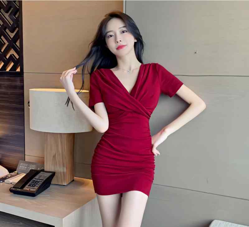 キャバドレス 夏 韓国 女性 綿 ローカット プリーツ ヒップハグドレス vネック ショート丈 夏 ニット生地