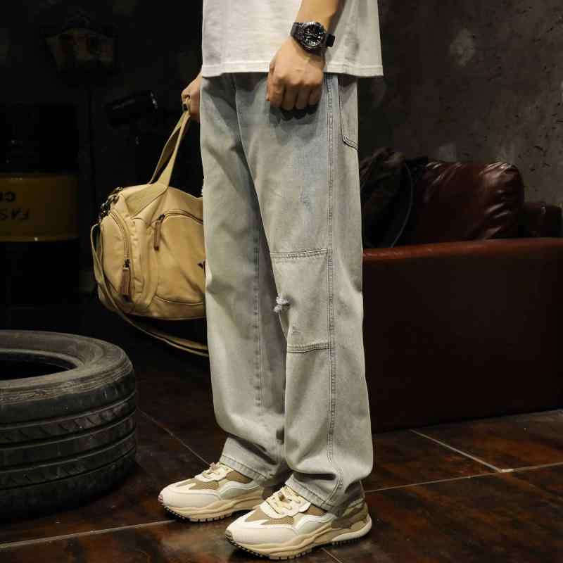 デニムパンツ メンズ 春秋 男性用 アメリカン ストリート リップ ド ジーンズ ライト カラー レトロ ウォッシュ ストレート ワイド レッグ フロア レングス パンツ ダメージ デニム ファッション かっこいい カジュアル