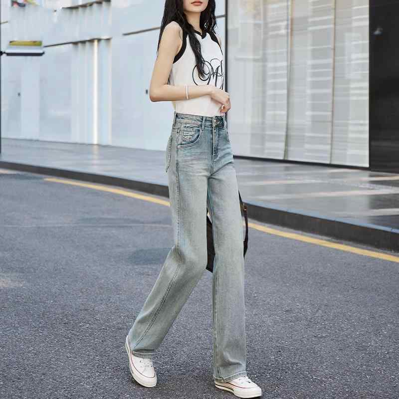 デニム ジャケット 上着 おしゃれ ファッション レディース 女性用 ストレートレッグ ジーンズ 春秋 薄手 ハイウエスト カジュアル フロアレングス ワイドレッグ｜way-ugo 10,989円